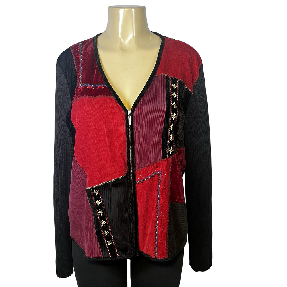Crazy Horse Sweater Womens XL Black Red Patchwork Corduroy Velvet Zip Cardigan